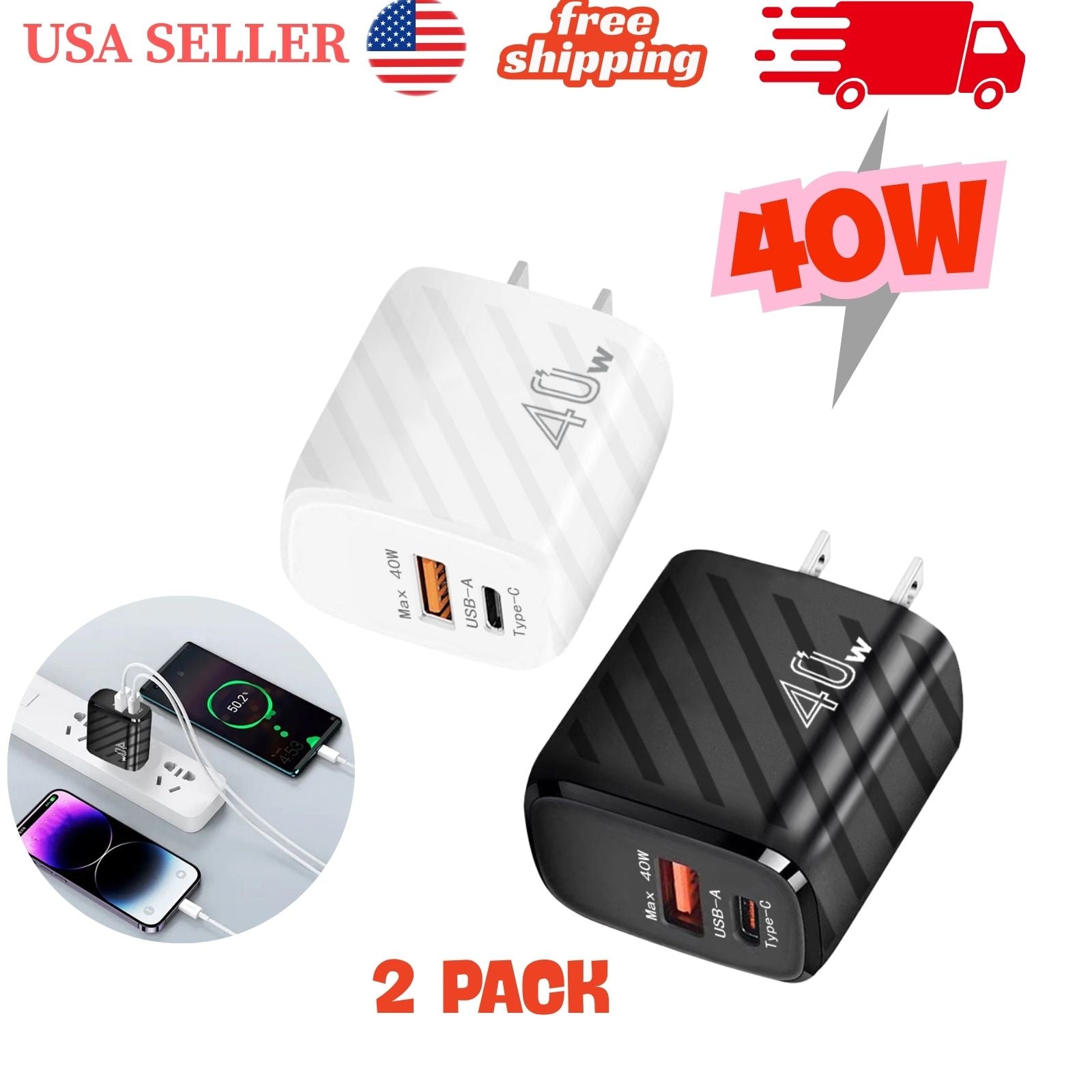 2 Pack 40W USB-C Fast Charger + 2 USB-C Cables – PD QC 3.0, for iPhone & Samsung